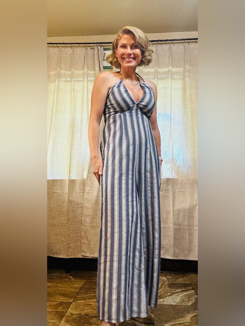 Cupshe Striped Halter Wide-Leg Jumpsuit in Navy & White - Picture 2 of 9